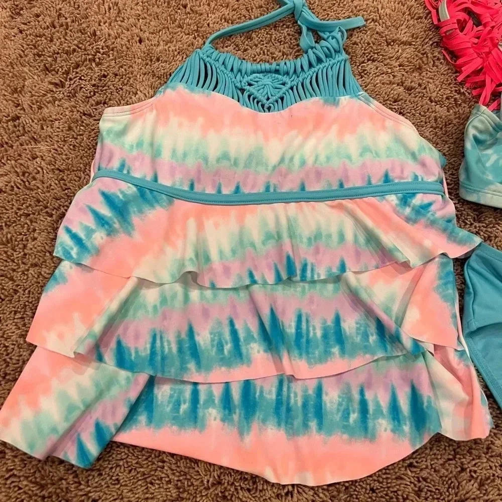 Justice girls large 12 swim set top bottom bikini tankini blue tie dye fringe